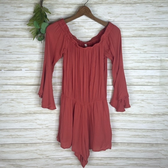 Elan Coral Textured Off Shoulder Bell sleeve Romper - Picture 1 of 5